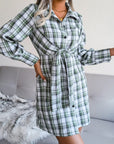 Gray Tied Plaid Long Sleeve Mini Shirt Dress