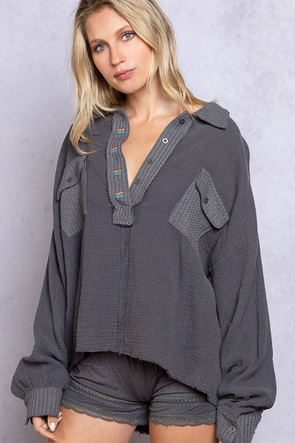 Dark Slate Gray POL Texture Half Button Long Sleeve Top Sentient Beauty Fashions Apaparel & Accessories