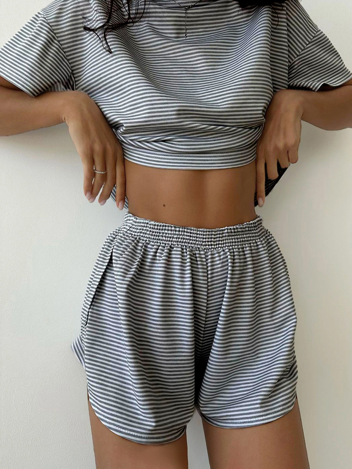 Dark Gray Striped Round Neck Top and Shorts Set Sentient Beauty Fashions Apparel &amp; Accessories
