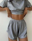Dark Gray Striped Round Neck Top and Shorts Set Sentient Beauty Fashions Apparel & Accessories