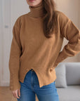 Front Slit Decorative Button Turtleneck Sweater