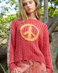 POL Washed Peace Patch Cable Knit Sweater