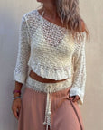 Rosy Brown Round Neck Long Sleeve Knit Cover Up