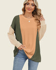 Double Take Texture Contrast Round Neck Long Sleeve T-Shirt