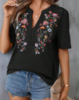 Dark Slate Gray Embroidered Notched Short Sleeve T-Shirt