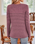 Lovelet Quarter Button Striped Round Neck Long Sleeve T-Shirt