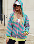 Drawstring Striped Zip Up Long Sleeve Hoodie