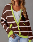 Contrast Stripes Button Down Long Sleeve Cardigan