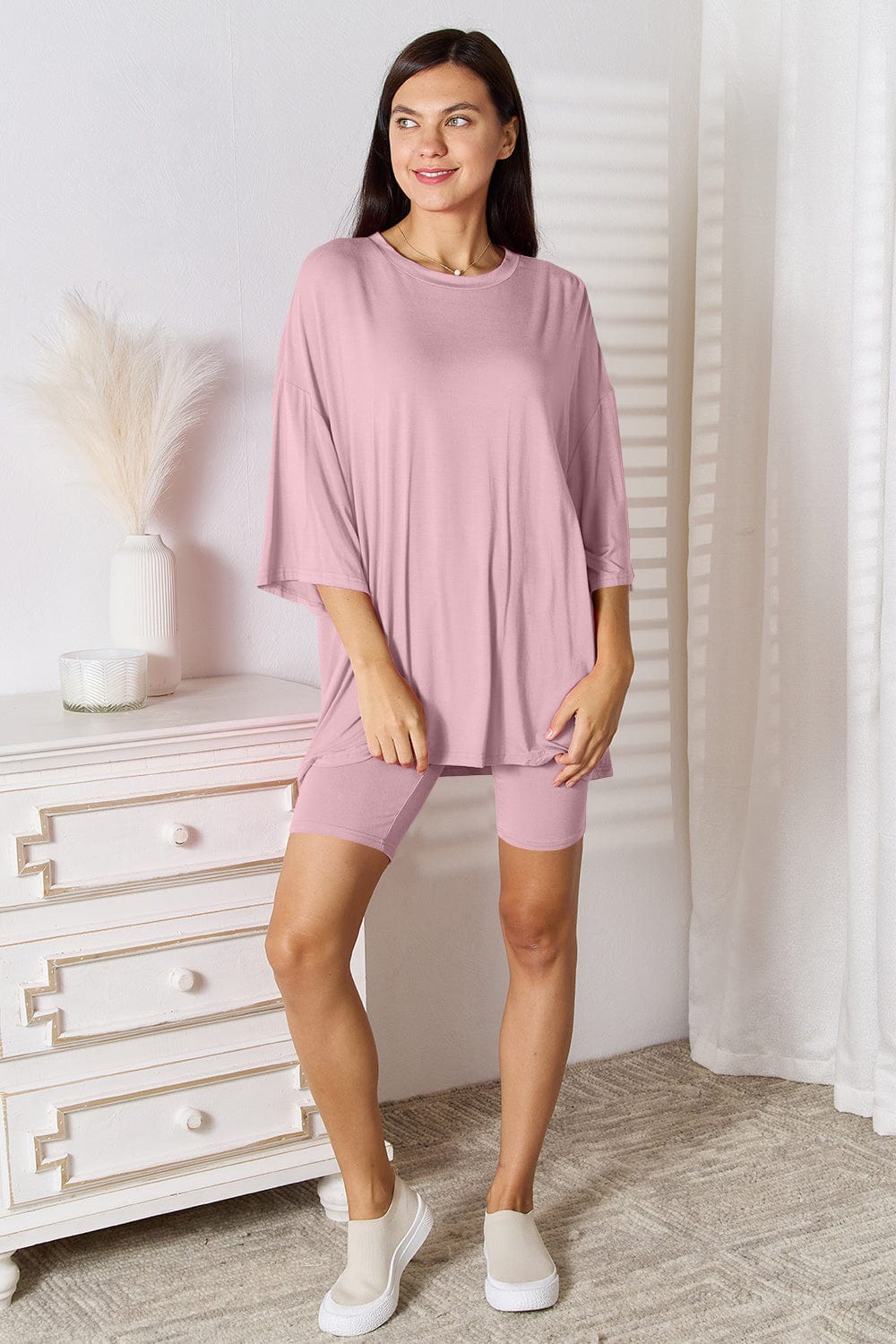 Gray Basic Bae Full Size Soft Rayon Three-Quarter Sleeve Top and Shorts Set Sentient Beauty Fashions