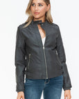 Snobbish PU Leather Biker Jacket with Side Zip Pockets