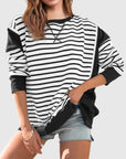 Slit Exposed Seam Striped Long Sleeve Sweatshirt