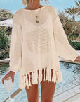 Gray Double Take Openwork Tassel Hem Long Sleeve Knit Cover Up Sentient Beauty Fashions Apparel & Accessories