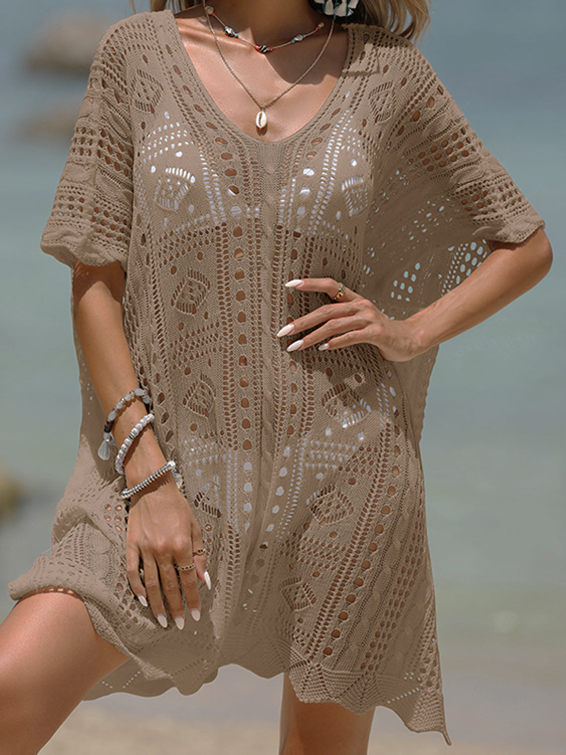 Dim Gray Openwork Half Sleeve Cover-Up Sentient Beauty Fashions Apparel &amp; Accessories