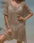 Dim Gray Openwork Half Sleeve Cover-Up Sentient Beauty Fashions Apparel & Accessories