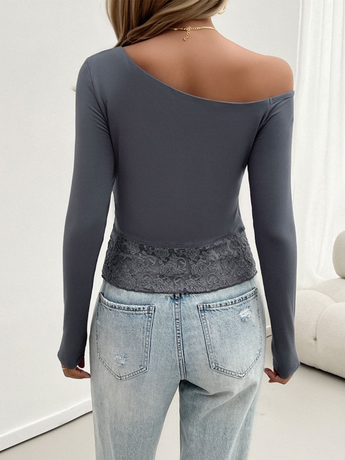 Light Gray Single Shoulder Long Sleeve Lace T-Shirt