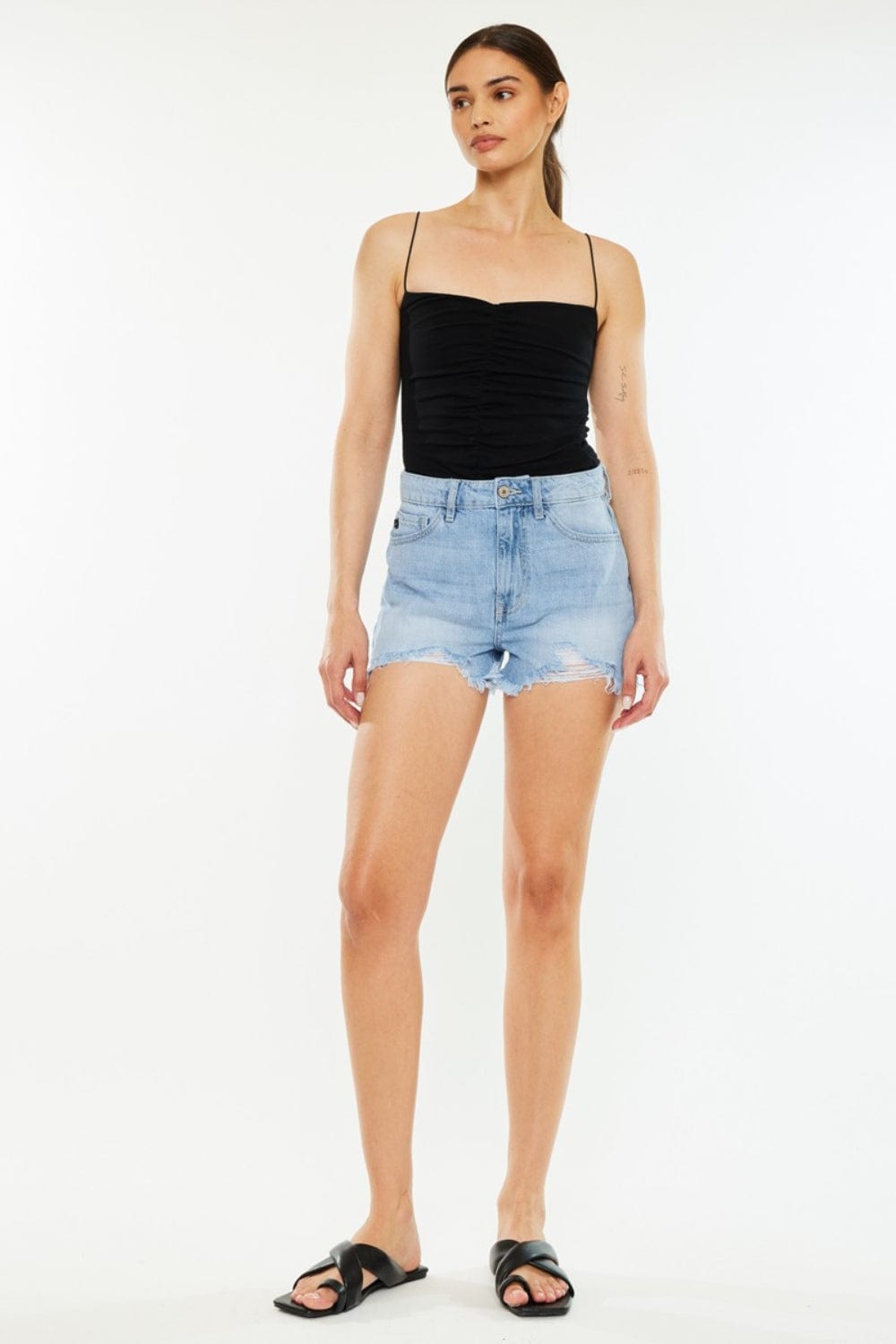 Beige Kancan Raw Hem Distressed High Waist Denim Shorts