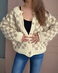 Checkered Button Up Round Neck Cardigan