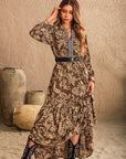 Ruched Printed Notched Long Sleeve Maxi Dress