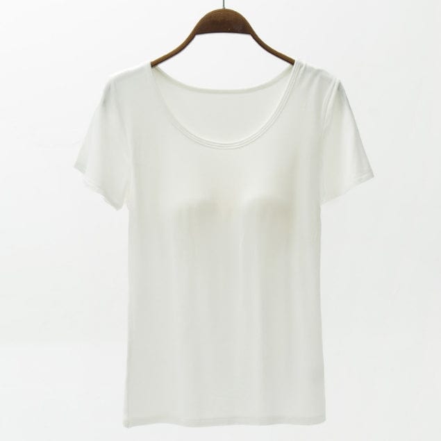 Beige Round Neck Modal T-Shirt with Bra