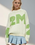 Basic Bae Contrast Letter Round Neck Long Sleeve Sweater