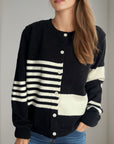 Striped Color Block Round Neck Cardigan