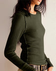 Dark Slate Gray Exposed Seam Round Neck Long Sleeve T-Shirt