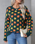 Angel Wings Maple Leaf Round Neck Long Sleeve Sweater