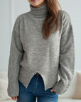 Front Slit Decorative Button Turtleneck Sweater