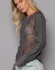 Dark Gray POL Exposed Seam Long Sleeve Lace Knit Top Sentient Beauty Fashions Apaparel & Accessories