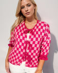 Double Take Tied Checkered Dropped Shoulder Flounce Sleeve Cardigan