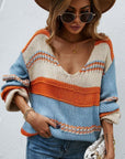 Angel Wings Color Block V-Neck Dropped Shoulder Sweater