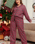 Plus Size Plaid Collared Neck Top and Pants Lounge Set