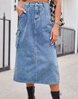 Slit Buttoned Denim Skirt with Pockets