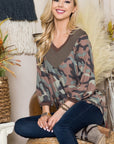 Celeste Full Size Camouflage V-Neck Balloon Sleeve Top