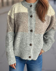 Color Block Round Neck Button Up Cardigan