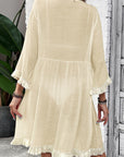 Gray Fringe Tie Neck Three-Quarter Sleeve Cover Up Sentient Beauty Fashions Apaparel & Accessories