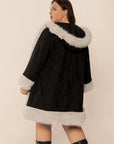 Plus Size Fuzzy Trim Open Front Long Sleeve Hooded Coat