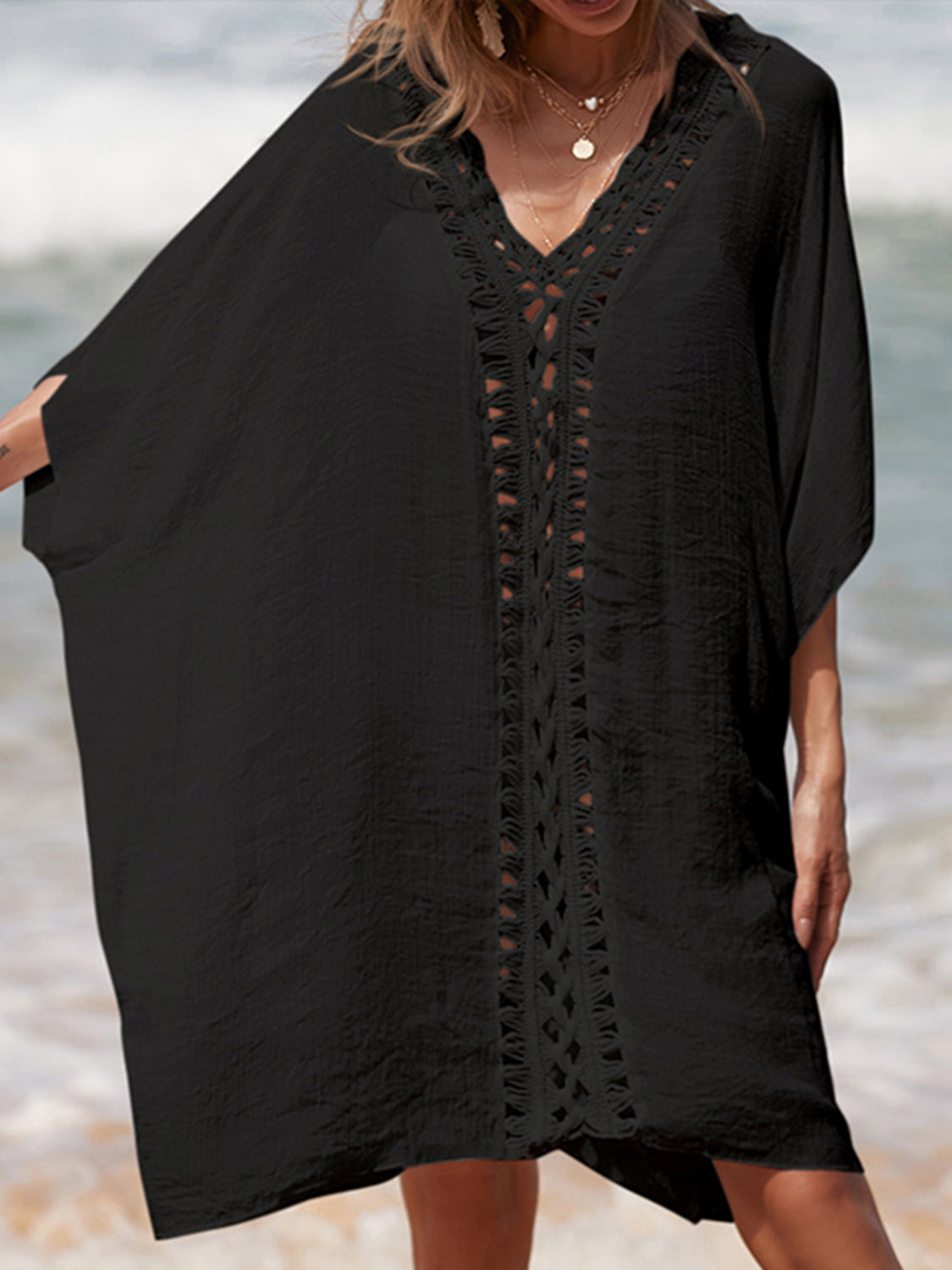 Gray Cutout V-Neck Three-Quarter Sleeve Cover Up Sentient Beauty Fashions Apparel &amp; Accessories