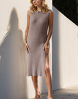 Light Slate Gray Split Round Neck Sleeveless Dress