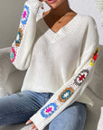 Gray Crochet Flower V-Neck Sweater