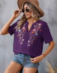 Rosy Brown Embroidered Notched Short Sleeve T-Shirt