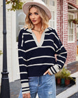 Striped Dropped Shoulder Notched Neck Knit Top