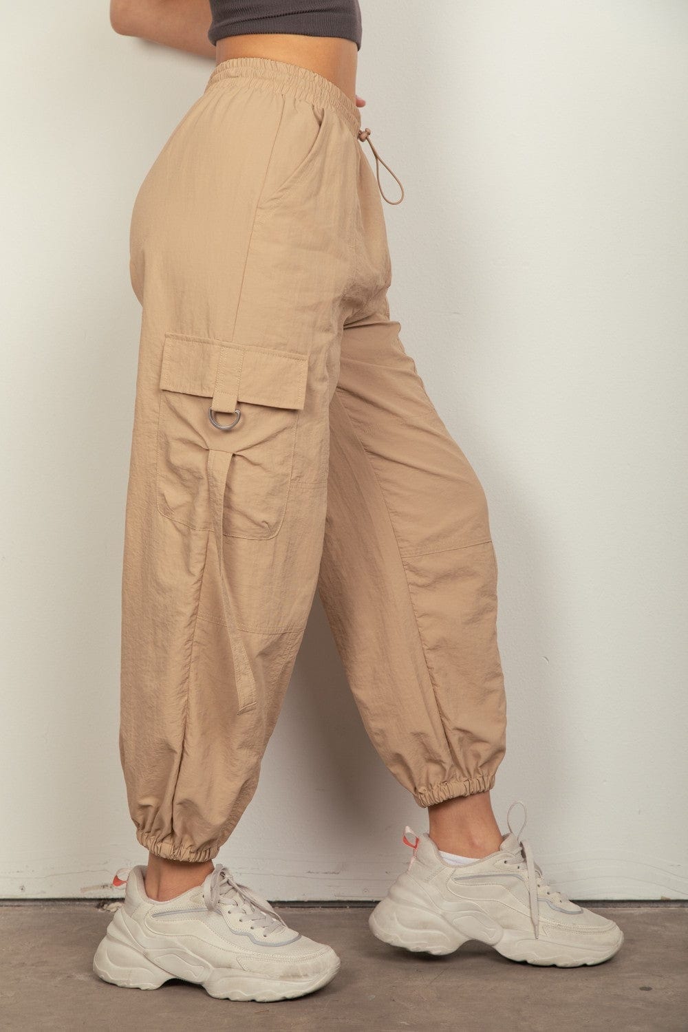 Tan VERY J Elastic Waist Woven Cargo Pants