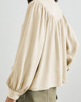 Light Gray Ruched Notched Long Sleeve Blouse