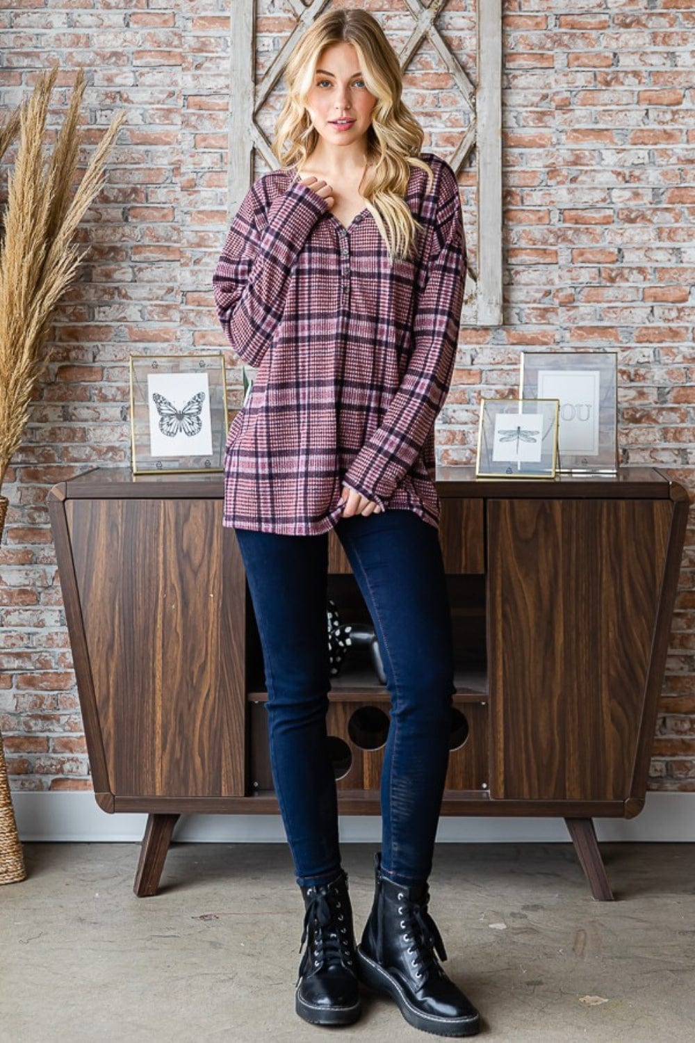 Dark Gray Heimish Full Size Plaid V-Neck Long Sleeve Top