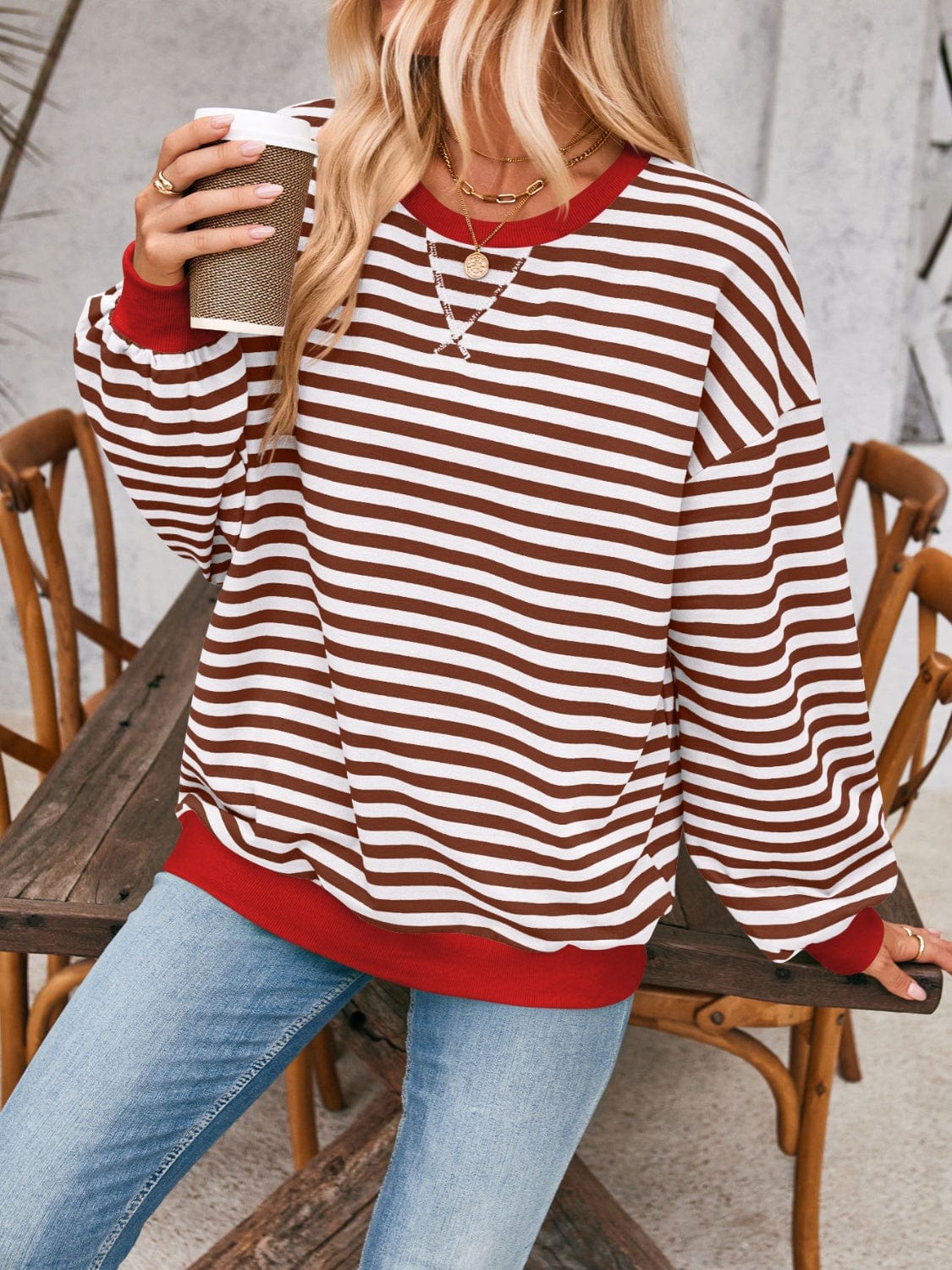 Gray Contrast Striped Long Sleeve Sweatshirt