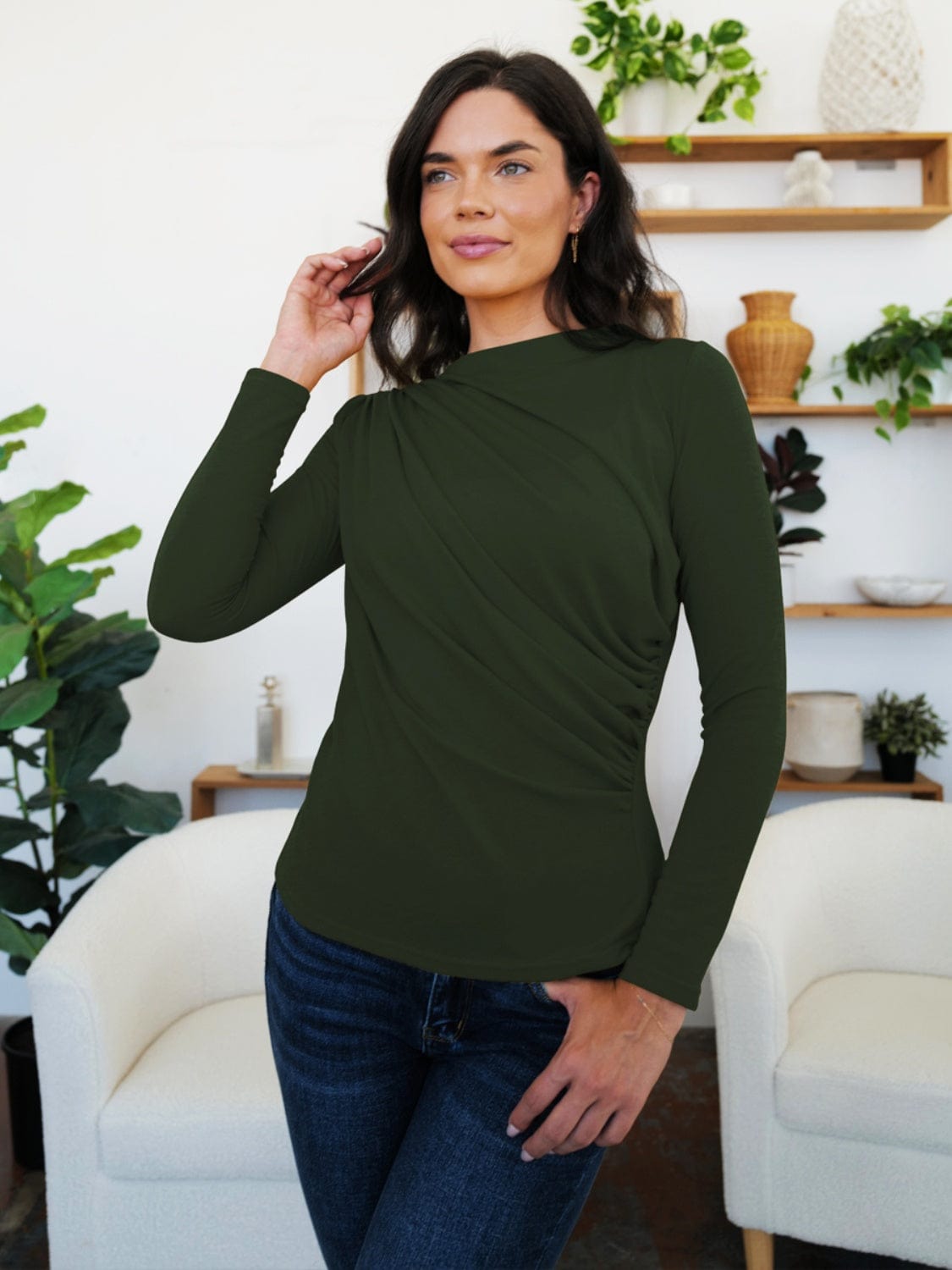 Light Gray Ruched Mock Neck Long Sleeve T-Shirt