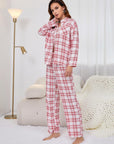 Plaid Collared Neck Long Sleeve Top and Pants Lounge Set