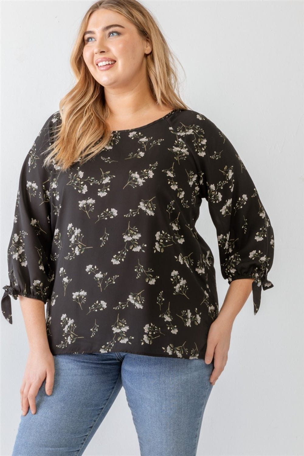 Dark Slate Gray Zenobia Plus Size Floral Round Neck Blouse Sentient Beauty Fashions Apparel &amp; Accessories