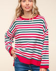 Haptics Full Size Striped Contrast Side Slit Knit Top